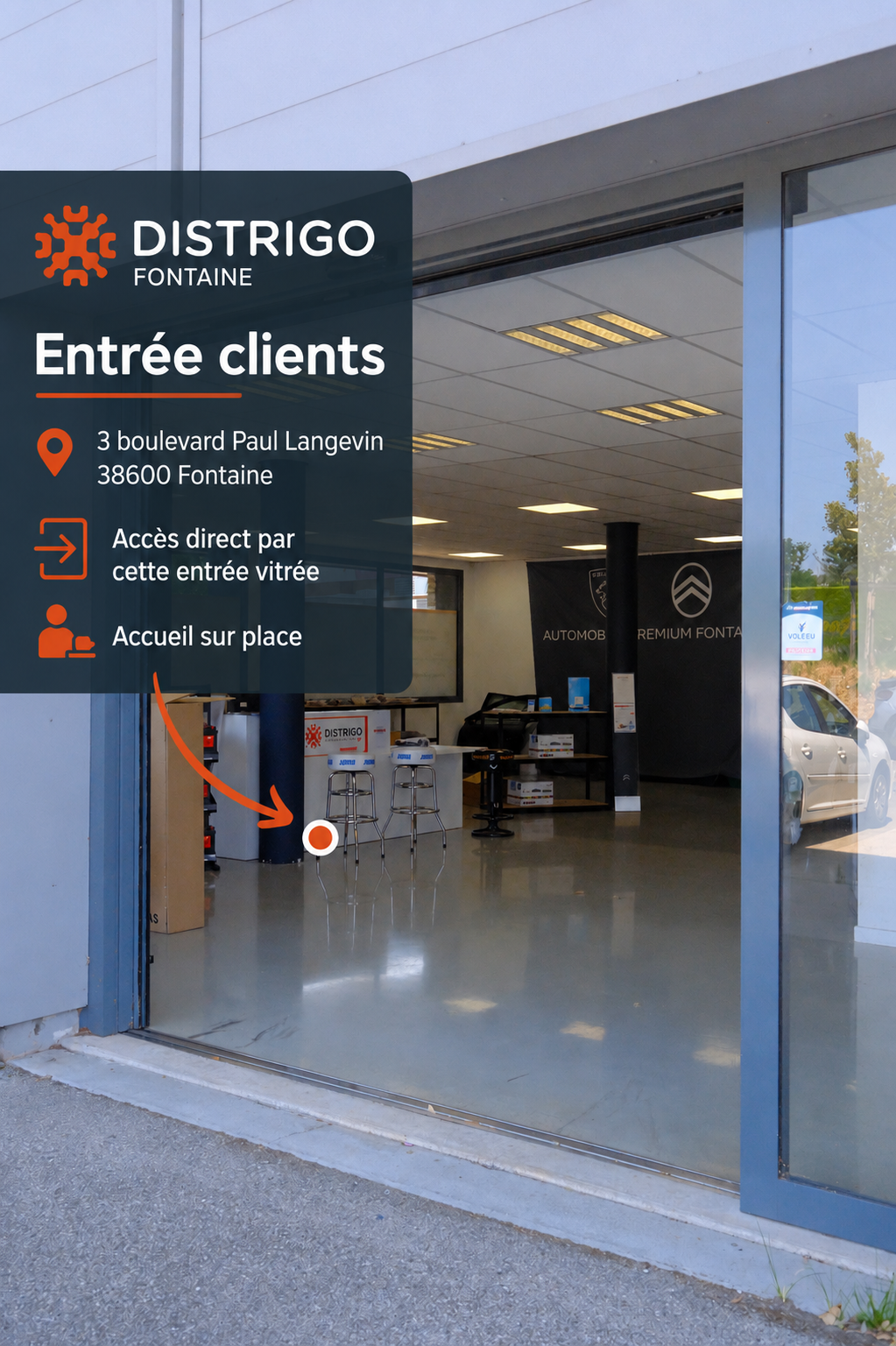 Entrée clients du magasin DISTRIGO Fontaine au 3 boulevard Paul Langevin